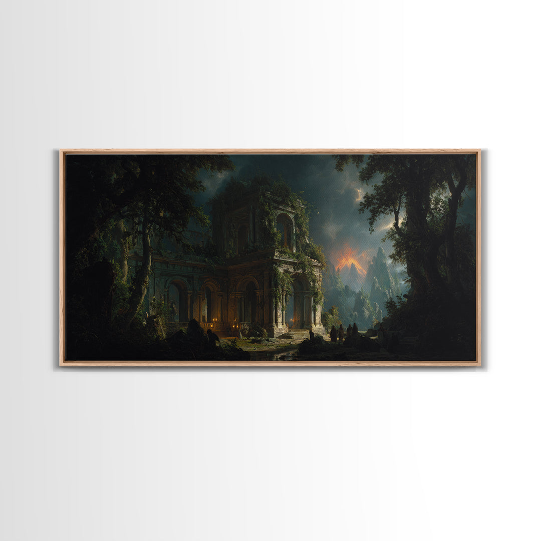 The Overgrown Chapel, Apocalyptic Romantic Art, Wide Panoramic Art, Dark Fantasy Wall Art, Framed Canvas Print, Halloween Wall Art