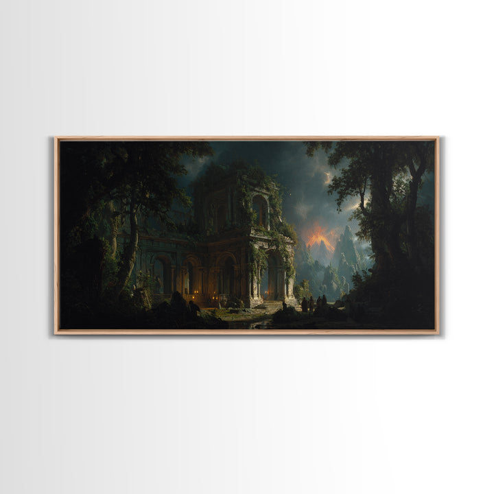 The Overgrown Chapel, Apocalyptic Romantic Art, Wide Panoramic Art, Dark Fantasy Wall Art, Framed Canvas Print, Halloween Wall Art