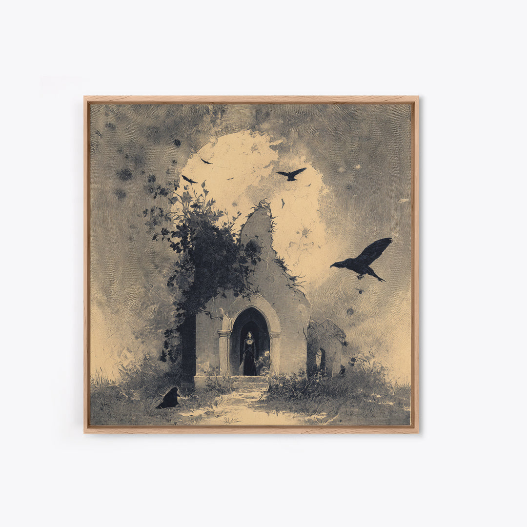 The Overgrown Chapel, Symbolist Dream Art, Square Wall Art, Dark Halloween Decor, Canvas Print, Halloween Wall Art