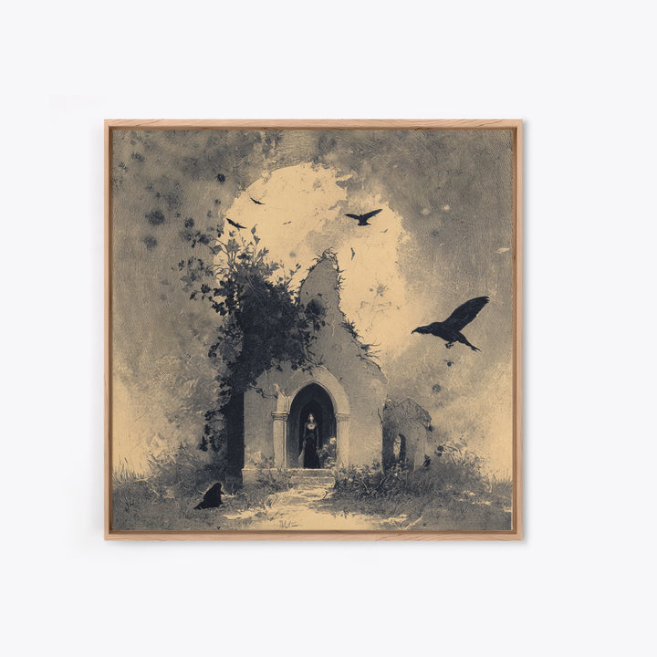 The Overgrown Chapel, Symbolist Dream Art, Square Wall Art, Dark Halloween Decor, Canvas Print, Halloween Wall Art