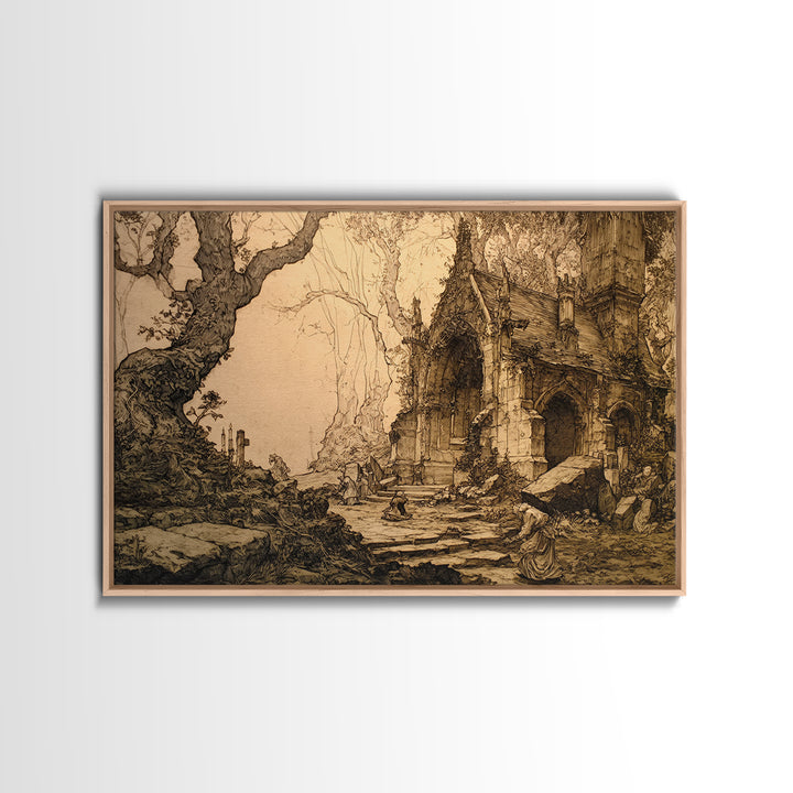 The Overgrown Chapel, Gothic Storybook Art, Landscape Wall Art, Macabre Wall Art, Framed Canvas Print, Halloween Wall Art