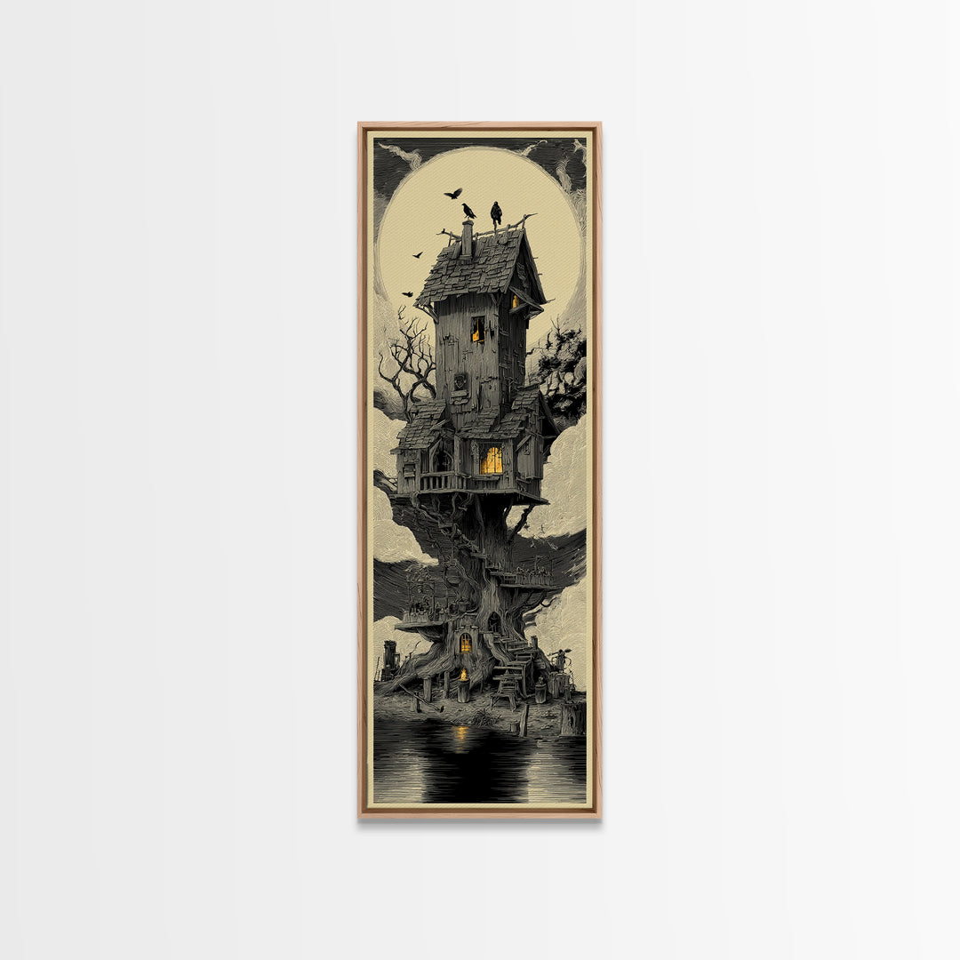 The Foggy Swamp Shack, Gothic Engraving Art, Tall Narrow Wall Art, Dark Halloween Decor, Framed Canvas Print, Halloween Wall Art