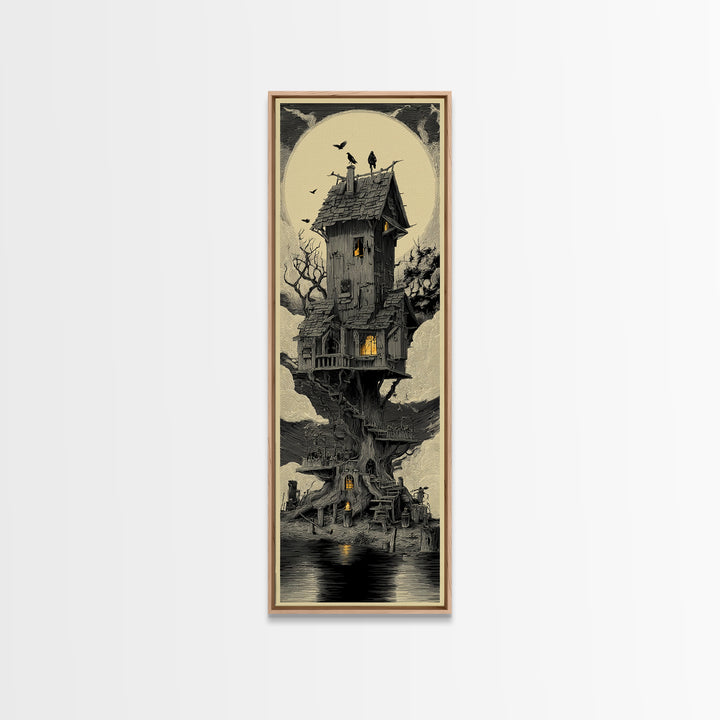 The Foggy Swamp Shack, Gothic Engraving Art, Tall Narrow Wall Art, Dark Halloween Decor, Framed Canvas Print, Halloween Wall Art