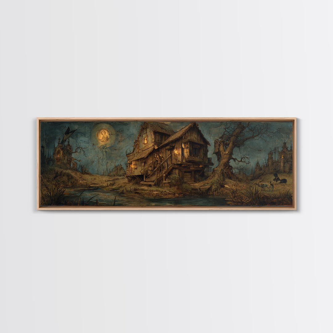 The Foggy Swamp Shack, Dark Renaissance Art, Extra Wide Wall Art, Dark Halloween Decor, Framed Canvas Print, Halloween Wall Art