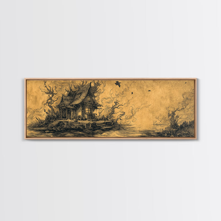 The Foggy Swamp Shack, Renaissance Engraving Art, Extra Wide Wall Art, Macabre Wall Art, Framed Canvas Print, Halloween Wall Art