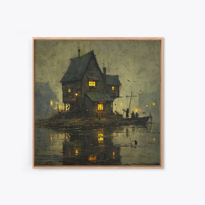The Foggy Swamp Shack, Danse Macabre Art, Square Wall Art, Gothic Horror Wall Art, Framed Canvas Print
