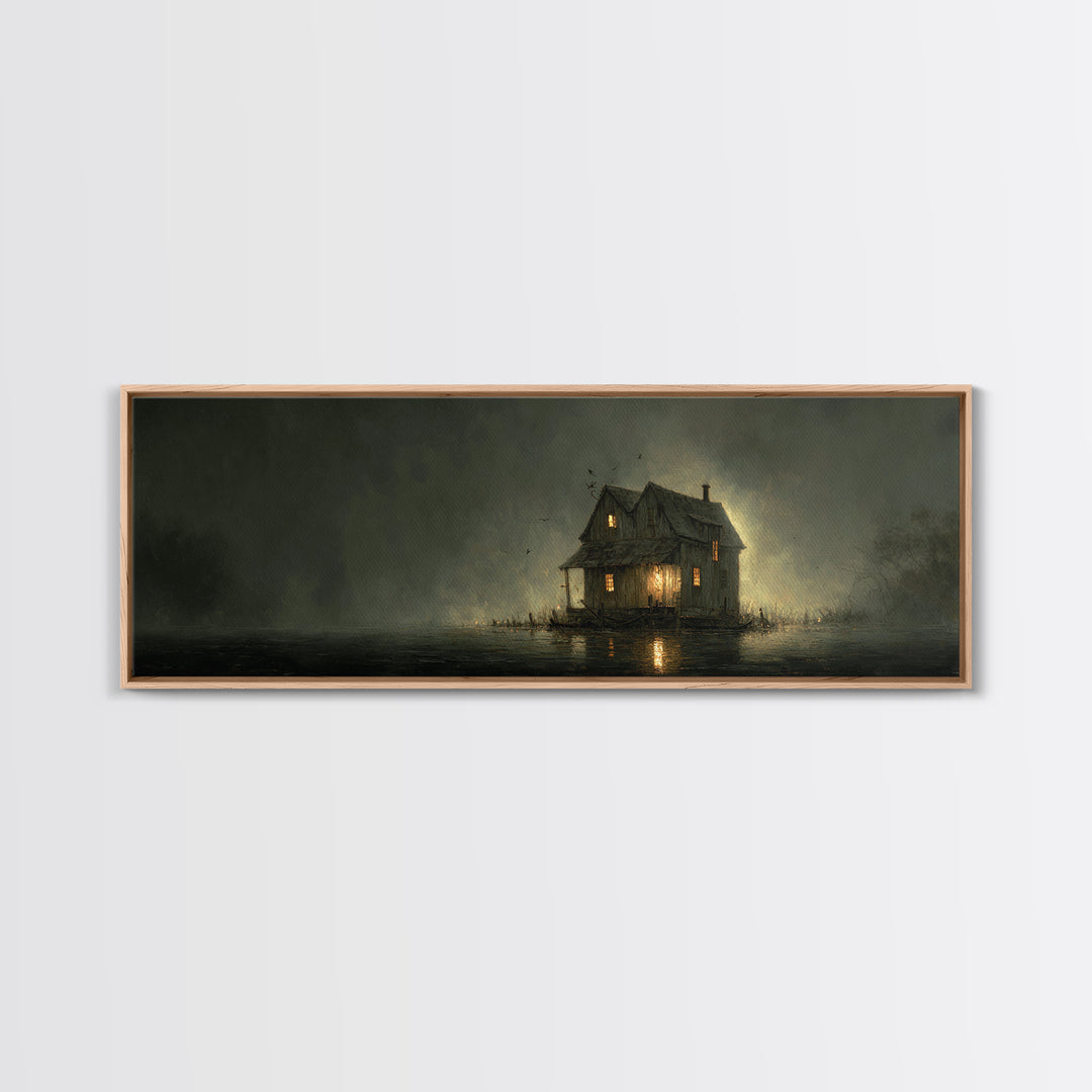 The Foggy Swamp Shack, Dark Romantic Horror Art, Extra Wide Wall Art, Macabre Wall Art, Canvas Print, Halloween Wall Art