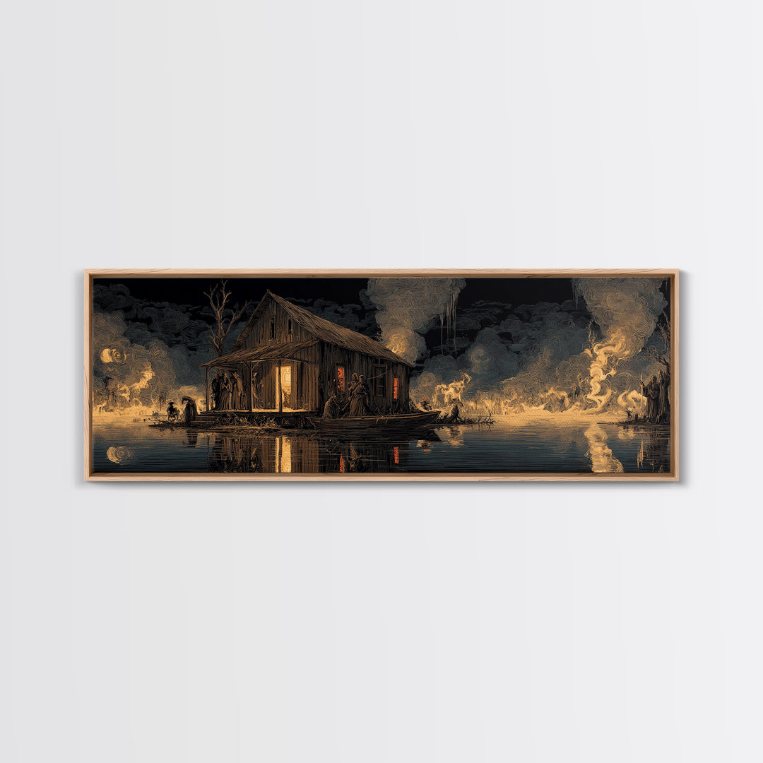 The Foggy Swamp Shack, Visionary Gothic Art, Extra Wide Wall Art, Dark Halloween Decor, Framed Canvas Print, Halloween Wall Art