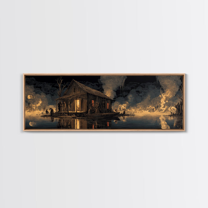 The Foggy Swamp Shack, Visionary Gothic Art, Extra Wide Wall Art, Dark Halloween Decor, Framed Canvas Print, Halloween Wall Art