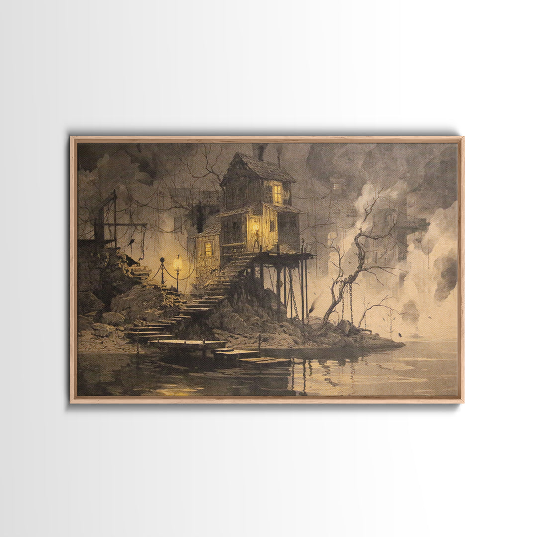 The Foggy Swamp Shack, Architectural Etching Art, Landscape Wall Art, Gothic Horror Wall Art, Canvas Print, Halloween Wall Art