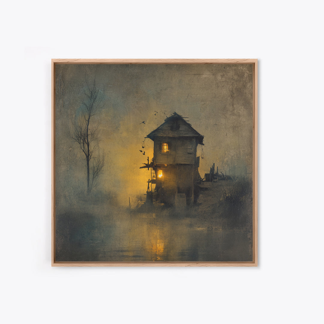 The Foggy Swamp Shack, Symbolist Dream Art, Square Wall Art, Dark Fantasy Wall Art, Canvas Print, Halloween Wall Art, Macabre Wall Art