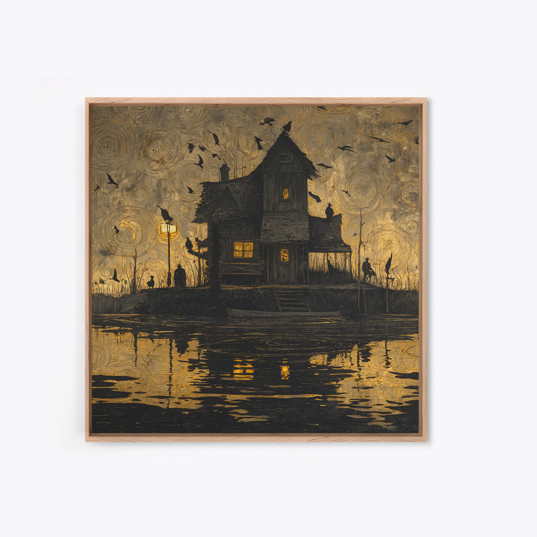 The Foggy Swamp Shack, Dark Symbolist Art, Square Wall Art, Macabre Wall Art, Framed Canvas Print, Halloween Wall Art