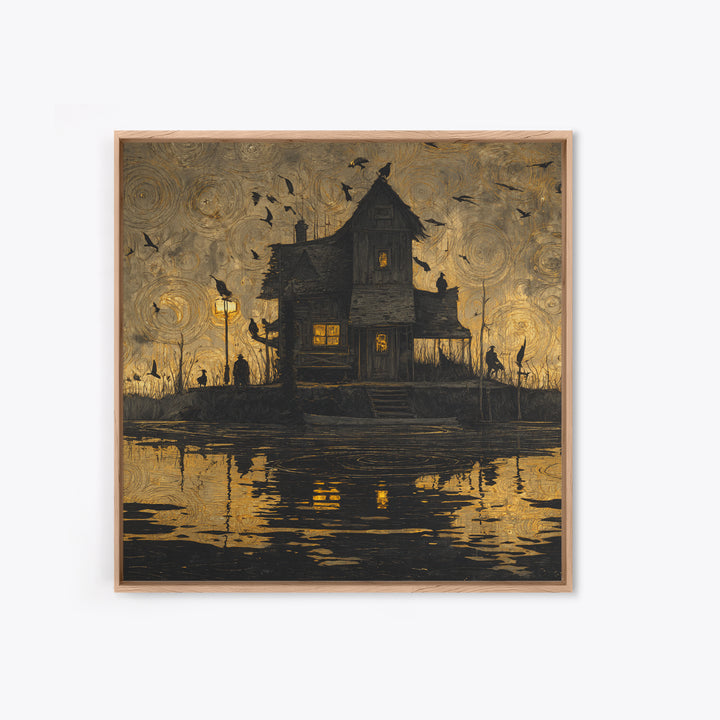 The Foggy Swamp Shack, Dark Symbolist Art, Square Wall Art, Macabre Wall Art, Framed Canvas Print, Halloween Wall Art