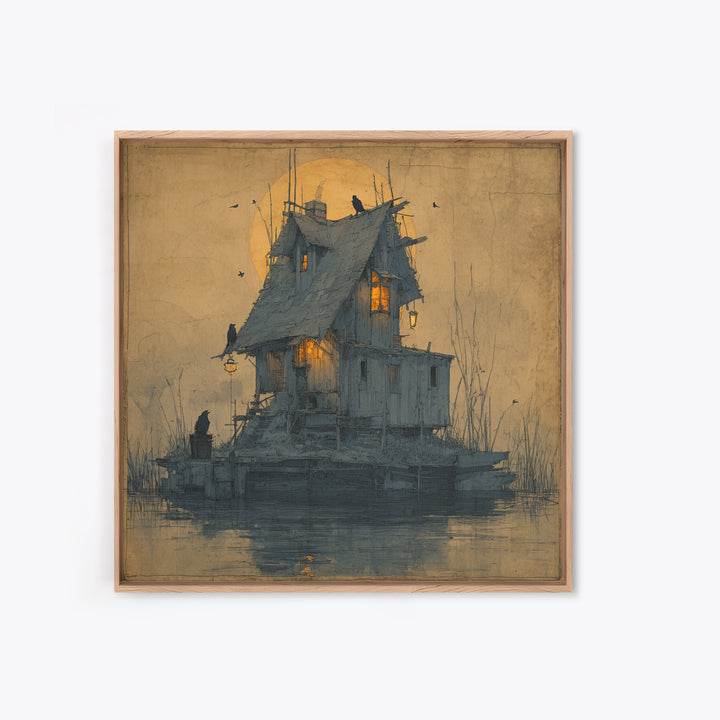 The Foggy Swamp Shack, Symbolist Etching Art, Square Wall Art, Dark Halloween Decor, Framed Canvas Print, Halloween Wall Art