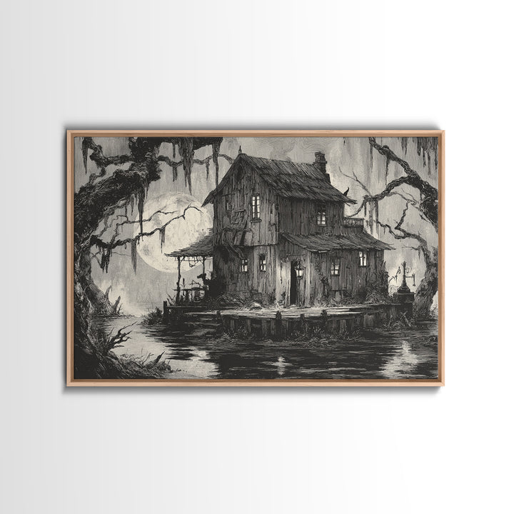 The Foggy Swamp Shack, Expressionist Nightmare Art, Landscape Wall Art, Gothic Horror Wall Art, Canvas Print, Halloween Wall Art