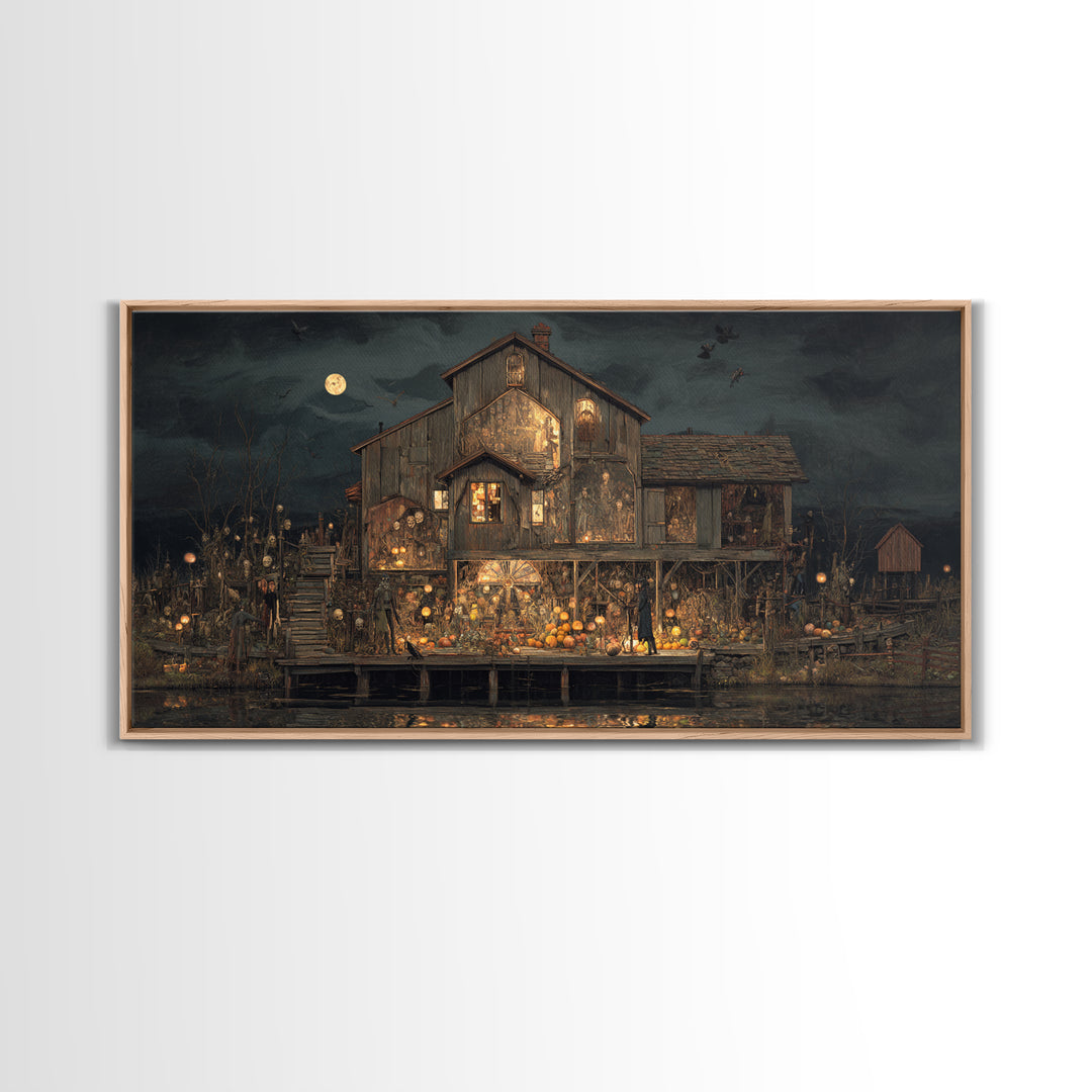 The Foggy Swamp Shack, Grotesque Carnival Art, Wide Panoramic Art, Gothic Horror Wall Art, Framed Canvas Print, Halloween Wall Art