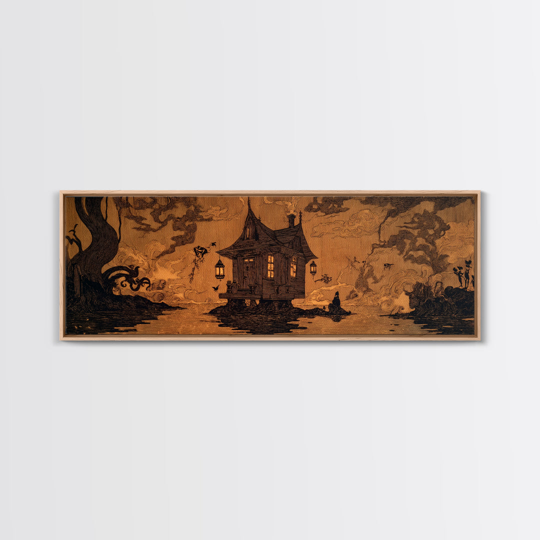 The Foggy Swamp Shack, Decadent Line Art, Extra Wide Wall Art, Dark Fantasy Wall Art, Framed Canvas Print, Halloween Wall Art
