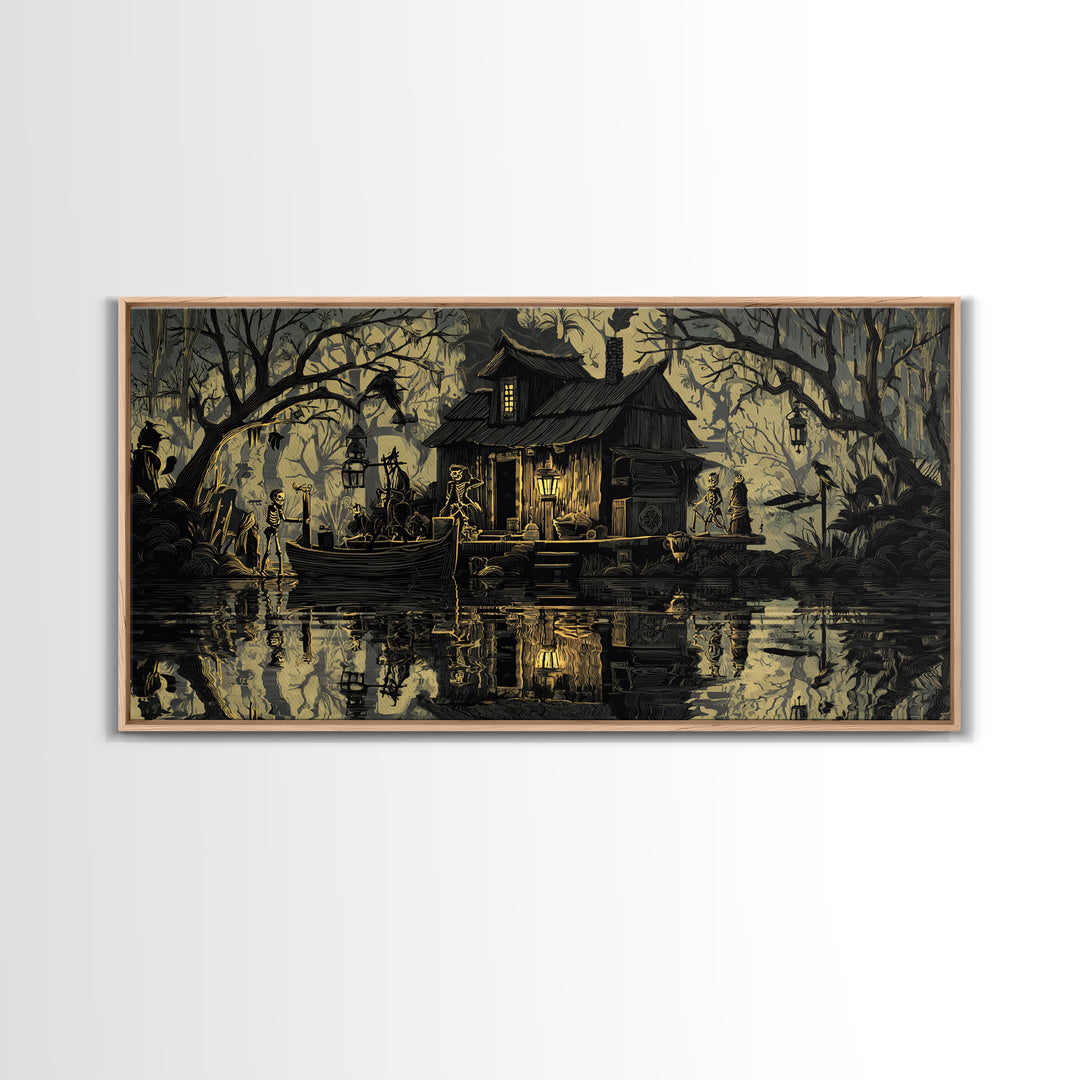 The Foggy Swamp Shack, Macabre Folk Print Art, Wide Panoramic Art, Gothic Horror Wall Art, Canvas Print, Halloween Wall Art