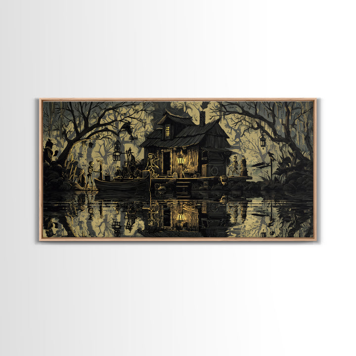 The Foggy Swamp Shack, Macabre Folk Print Art, Wide Panoramic Art, Gothic Horror Wall Art, Canvas Print, Halloween Wall Art
