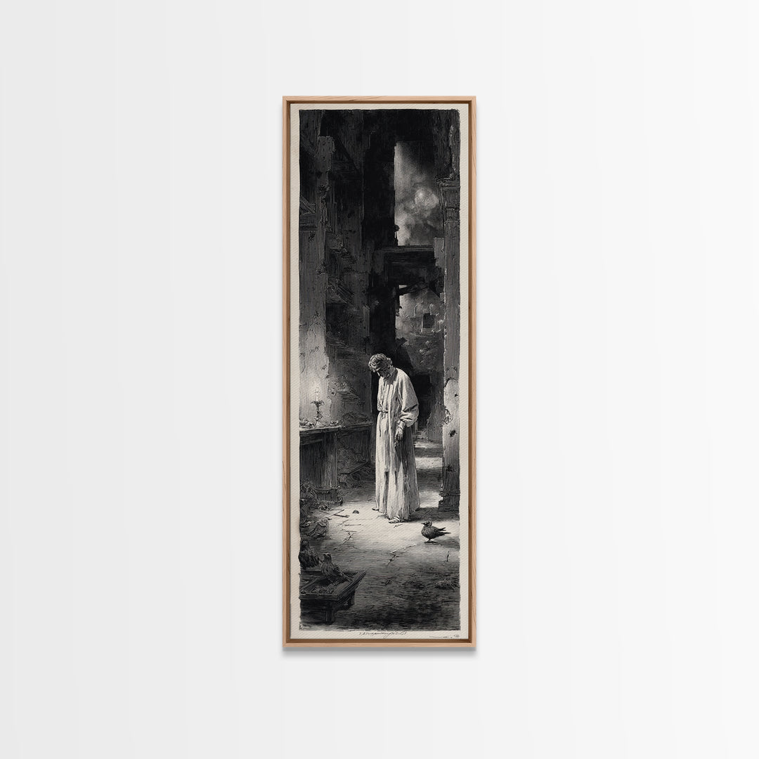 The Derelict Asylum, Gothic Engraving Art, Tall Narrow Wall Art, Dark Halloween Decor, Framed Canvas Print, Halloween Wall Art