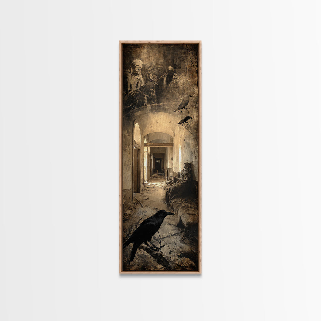 The Derelict Asylum, Symbolist Etching Art, Tall Narrow Wall Art, Dark Halloween Decor, Framed Canvas Print, Halloween Wall Art