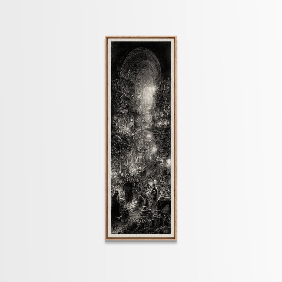 The Midnight Antique Shop, Gothic Engraving Art, Tall Narrow Wall Art, Dark Fantasy Wall Art, Framed Canvas Print, Halloween Wall Art