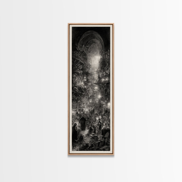 The Midnight Antique Shop, Gothic Engraving Art, Tall Narrow Wall Art, Dark Fantasy Wall Art, Framed Canvas Print, Halloween Wall Art