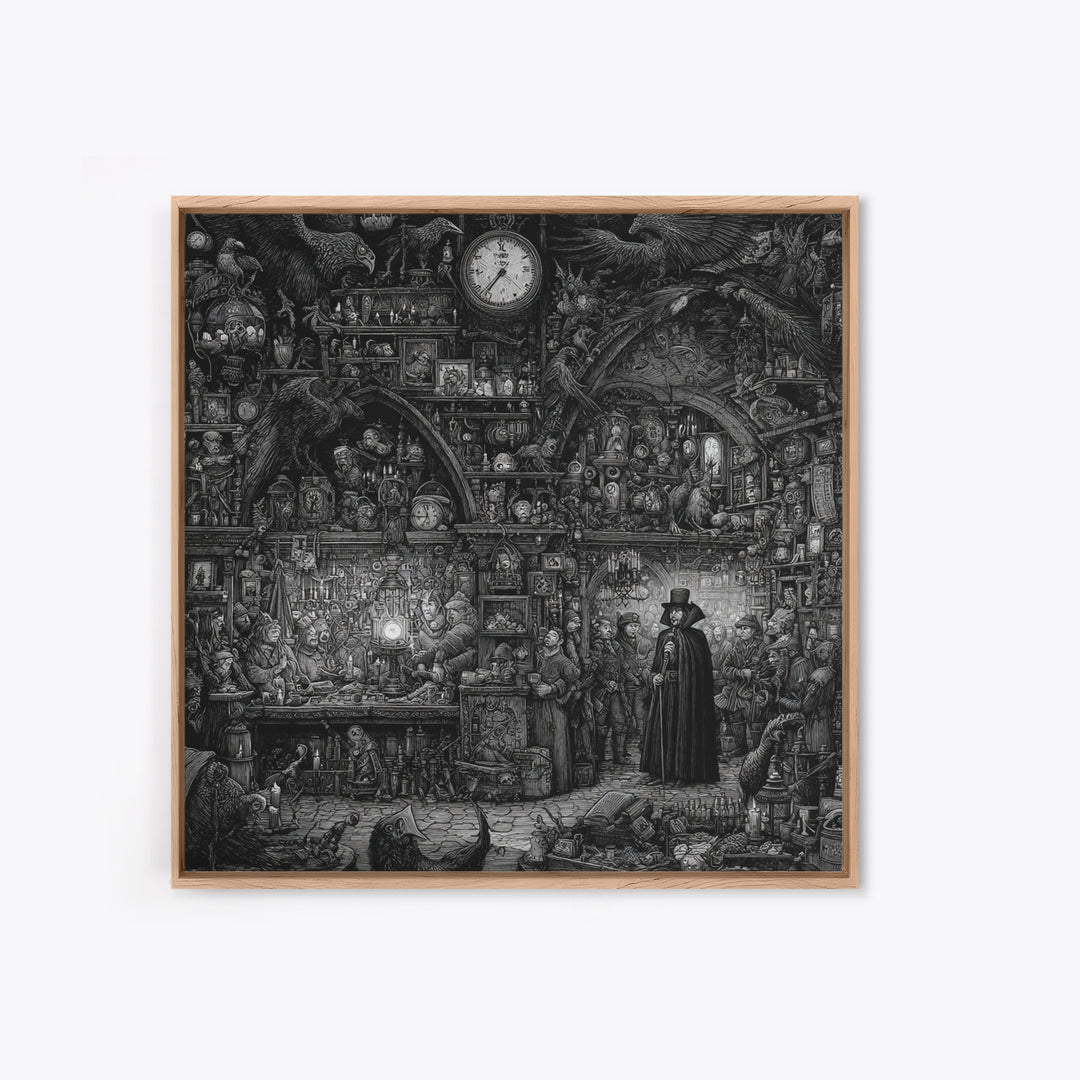 The Midnight Antique Shop, Renaissance Engraving Art, Square Wall Art, Dark Fantasy Wall Art, Framed Canvas Print, Halloween Wall Art