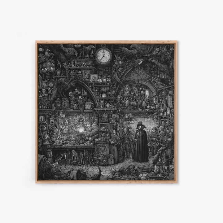 The Midnight Antique Shop, Renaissance Engraving Art, Square Wall Art, Dark Fantasy Wall Art, Framed Canvas Print, Halloween Wall Art
