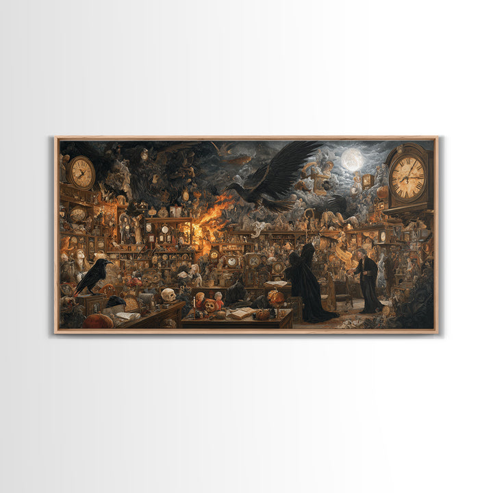 The Midnight Antique Shop, Visionary Gothic Art, Wide Panoramic Art, Gothic Horror Wall Art, Framed Canvas Print, Halloween Wall Art