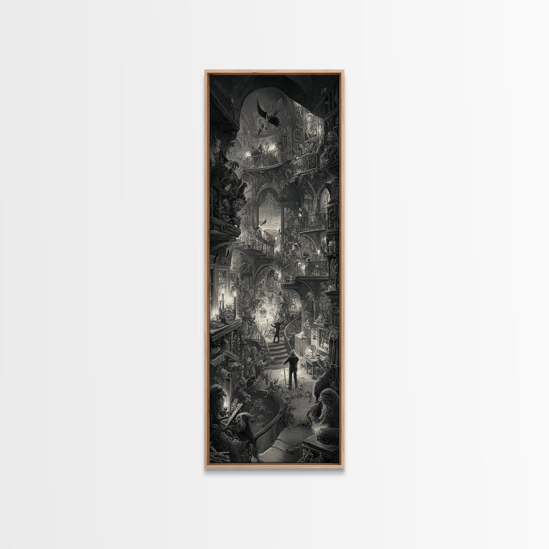 The Midnight Antique Shop, Architectural Etching Art, Tall Narrow Wall Art, Dark Halloween Decor, Canvas Print