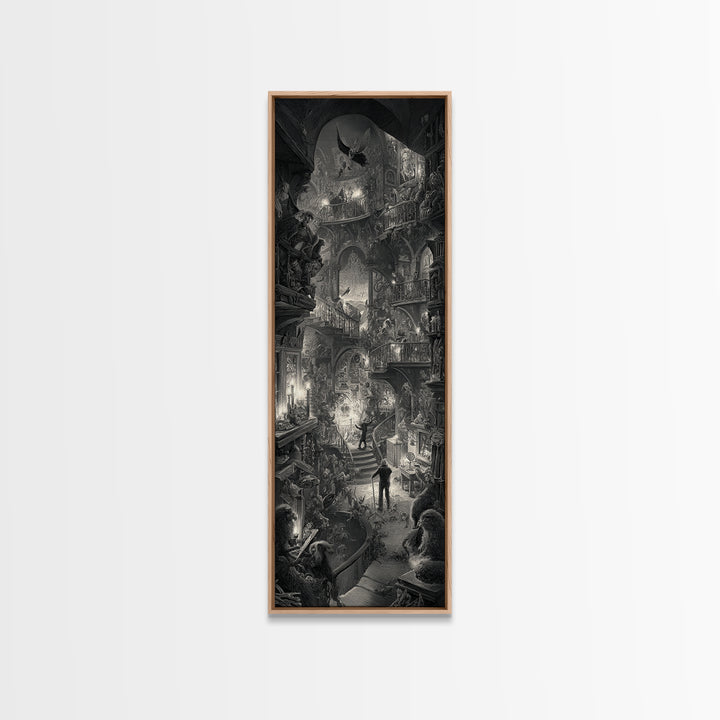 The Midnight Antique Shop, Architectural Etching Art, Tall Narrow Wall Art, Dark Halloween Decor, Canvas Print