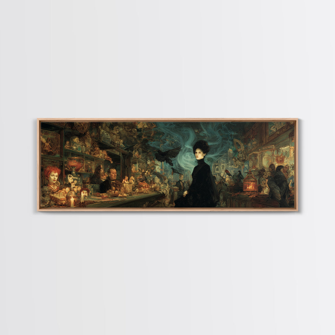 The Midnight Antique Shop, Expressionist Gothic Art, Extra Wide Wall Art, Dark Halloween Decor, Framed Canvas Print, Halloween Wall Art