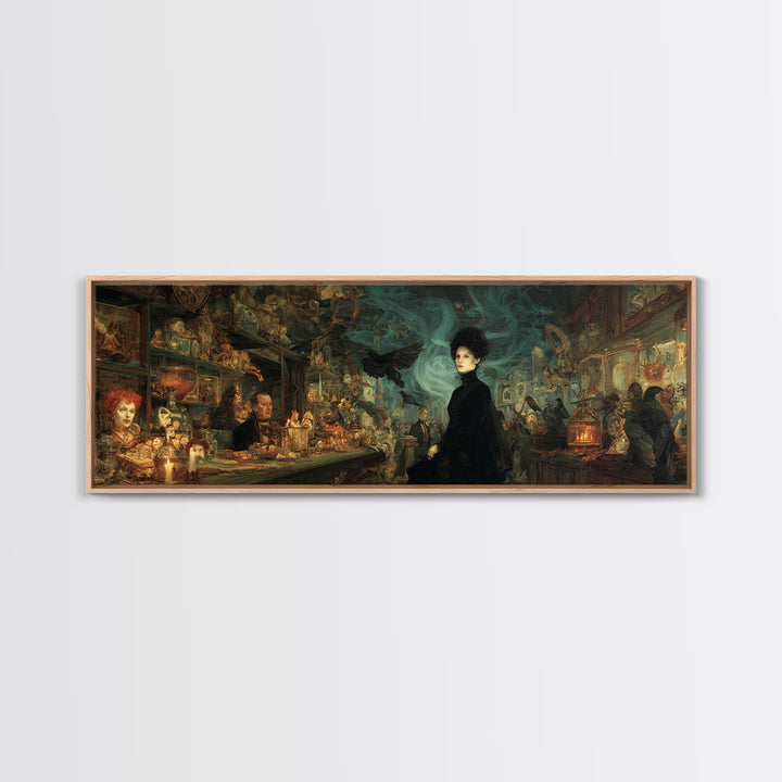 The Midnight Antique Shop, Expressionist Gothic Art, Extra Wide Wall Art, Dark Halloween Decor, Framed Canvas Print, Halloween Wall Art
