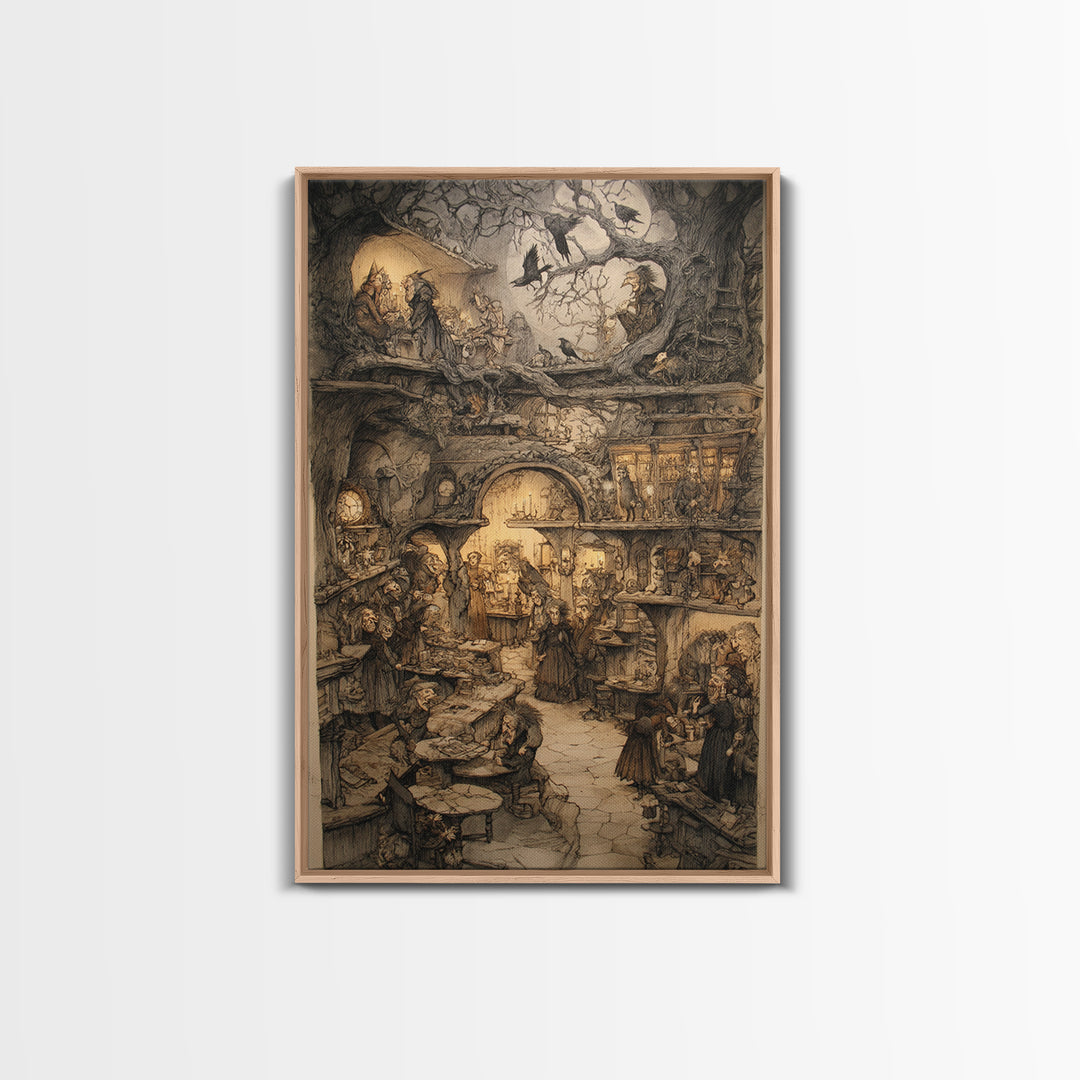 The Midnight Antique Shop, Gothic Storybook Art, Vertical Wall Art, Dark Fantasy Wall Art, Framed Canvas Print, Halloween Wall Art