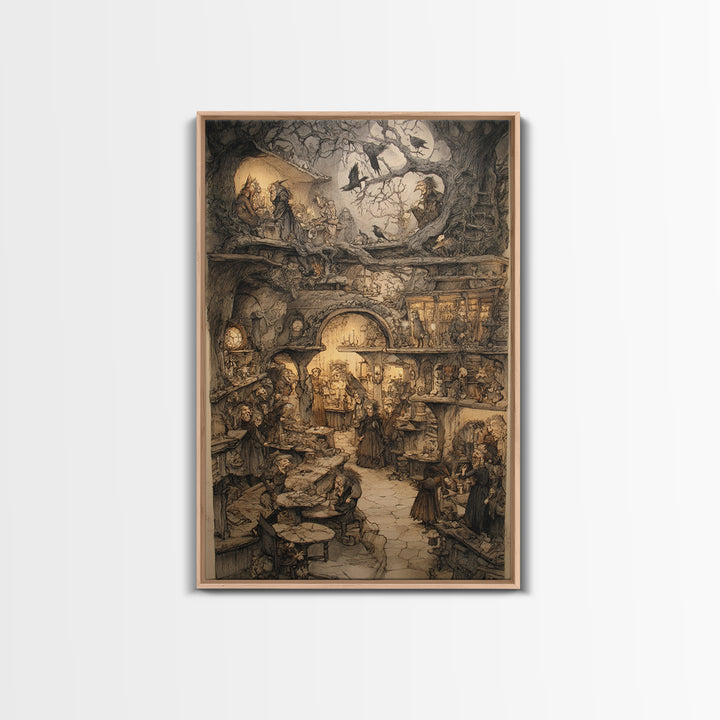 The Midnight Antique Shop, Gothic Storybook Art, Vertical Wall Art, Dark Fantasy Wall Art, Framed Canvas Print, Halloween Wall Art