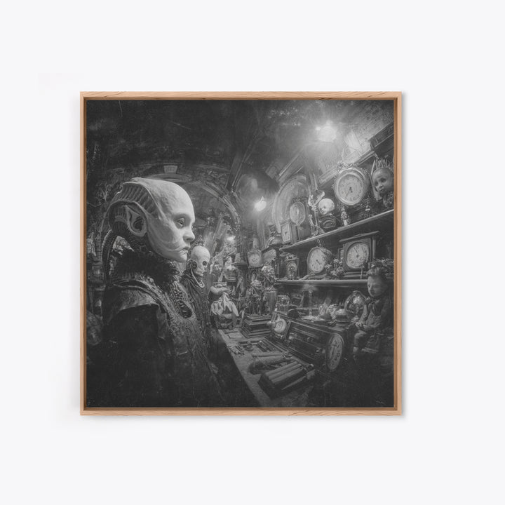 The Midnight Antique Shop, Biomechanical Horror Art, Square Wall Art, Macabre Wall Art, Framed Canvas Print, Halloween Wall Art
