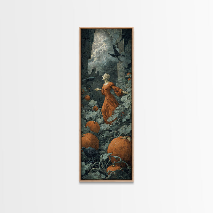 The Pumpkin Patch Maze, Gothic Engraving Art, Tall Narrow Wall Art, Macabre Wall Art, Framed Canvas Print, Halloween Wall Art