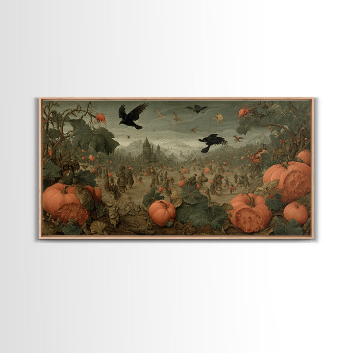 The Pumpkin Patch Maze, Northern Renaissance Horror, Wide Panoramic Art, Macabre Wall Art, Framed Canvas Print, Halloween Wall Art