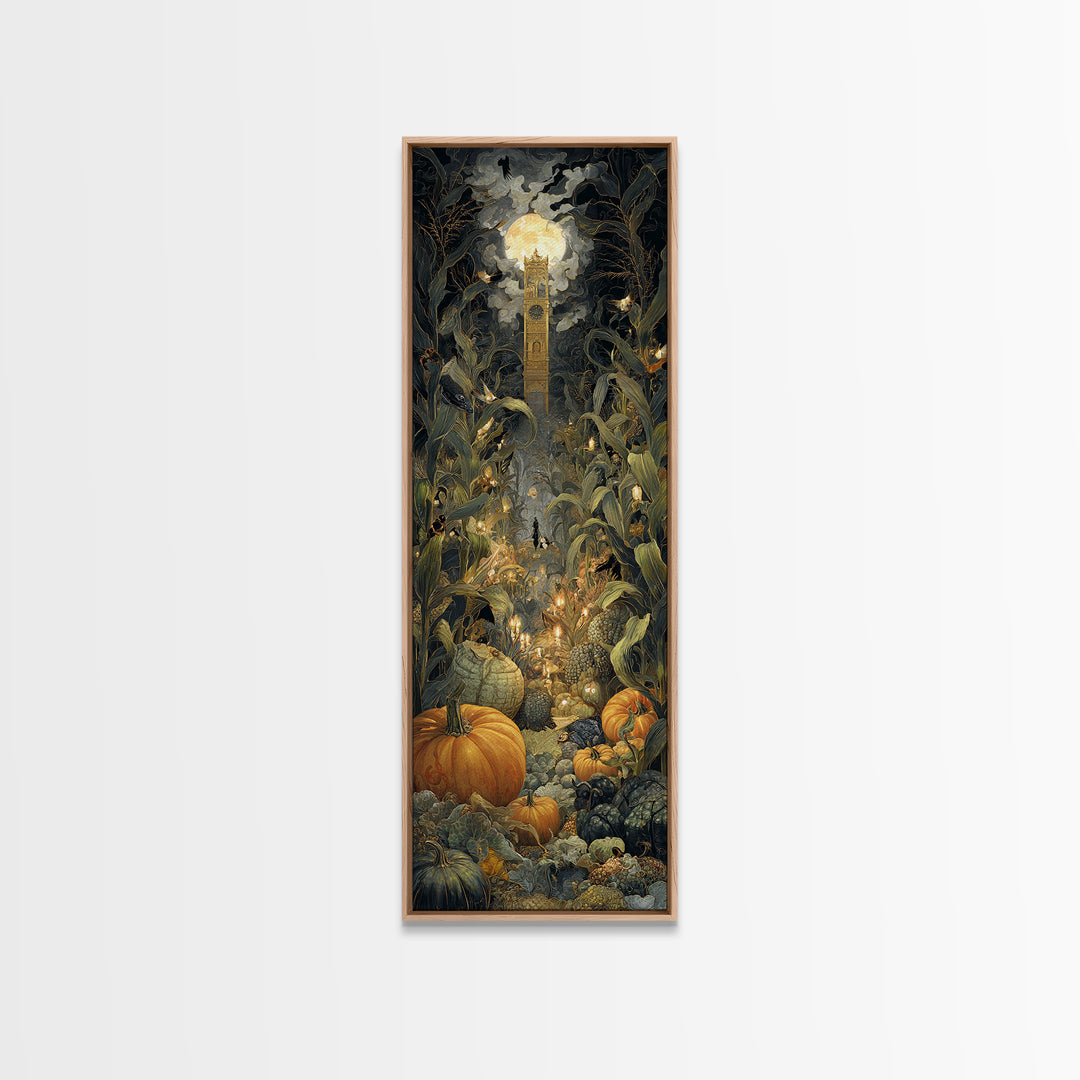 The Pumpkin Patch Maze, Ornate Symbolist Art, Tall Narrow Wall Art, Dark Halloween Decor, Canvas Print, Halloween Wall Art