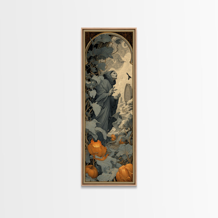 The Pumpkin Patch Maze, Symbolist Death Art, Tall Narrow Wall Art, Dark Fantasy Wall Art, Canvas Print, Halloween Wall Art