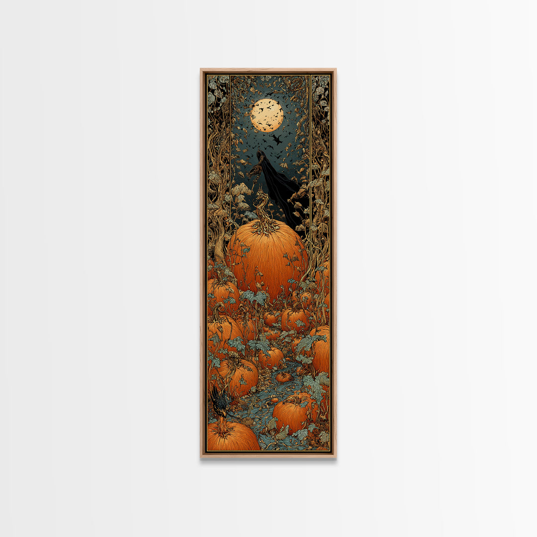 The Pumpkin Patch Maze, Stained Glass Gothic Art, Tall Narrow Wall Art, Gothic Horror Wall Art, Framed Canvas Print, Halloween Wall Art