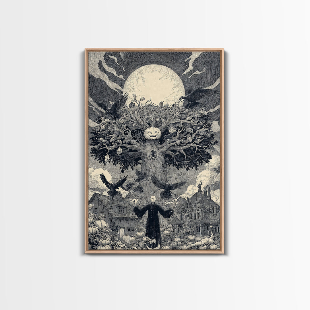 The Pumpkin Patch Maze, Victorian Macabre Art, Vertical Wall Art, Dark Halloween Decor, Framed Canvas Print, Halloween Wall Art