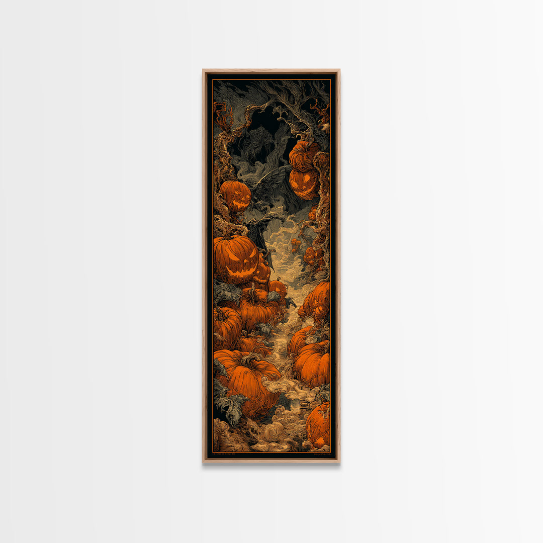The Pumpkin Patch Maze, Biomechanical Horror Art, Tall Narrow Wall Art, Dark Halloween Decor, Framed Canvas Print, Halloween Wall Art