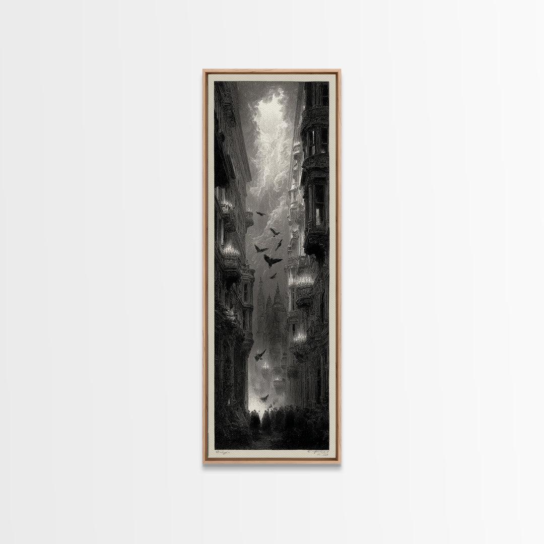 The Haunted Hotel, Gothic Engraving Art, Tall Narrow Wall Art, Dark Halloween Decor, Canvas Print, Halloween Wall Art, Macabre Wall Art