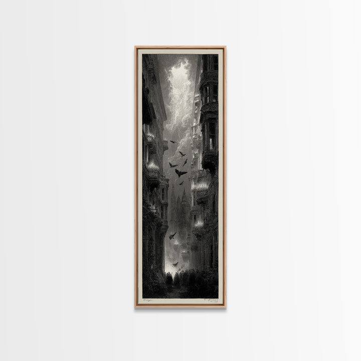 The Haunted Hotel, Gothic Engraving Art, Tall Narrow Wall Art, Dark Halloween Decor, Canvas Print, Halloween Wall Art, Macabre Wall Art