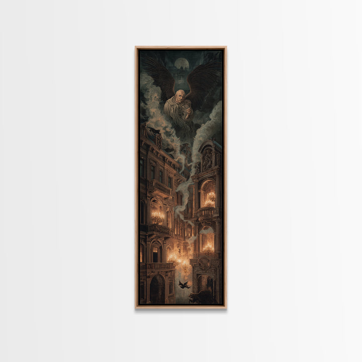 The Haunted Hotel, Visionary Gothic Art, Tall Narrow Wall Art, Dark Halloween Decor, Framed Canvas Print, Halloween Wall Art