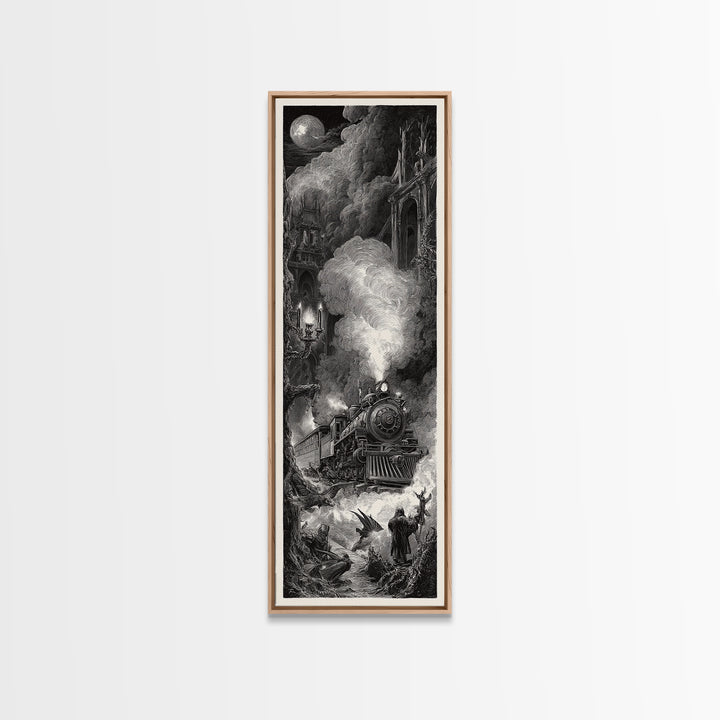 The Abandoned Train Station, Gothic Engraving Art, Tall Narrow Wall Art, Dark Halloween Decor, Canvas Print, Halloween Wall Art