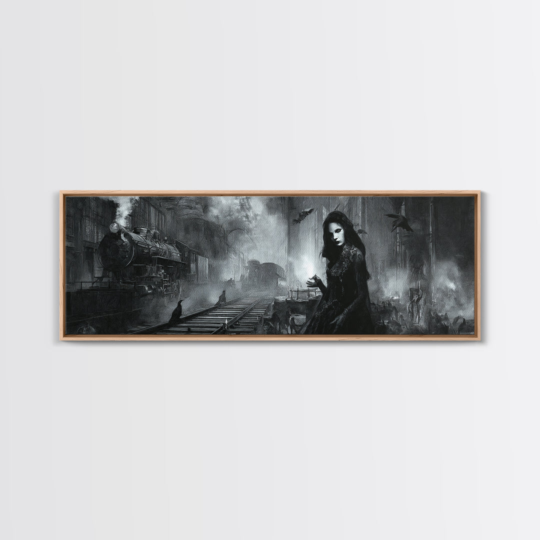 The Abandoned Train Station, Renaissance Engraving Art, Extra Wide Wall Art, Dark Halloween Decor, Canvas Print, Halloween Wall Art