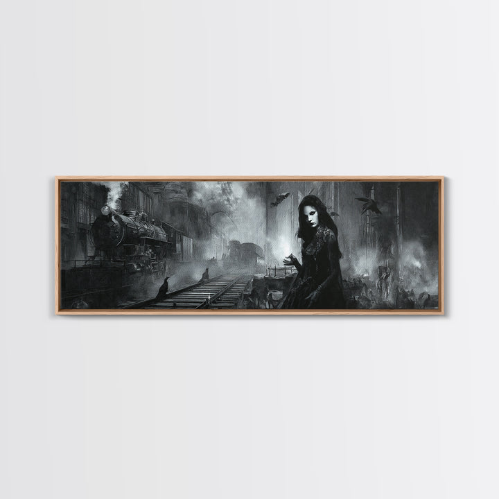 The Abandoned Train Station, Renaissance Engraving Art, Extra Wide Wall Art, Dark Halloween Decor, Canvas Print, Halloween Wall Art